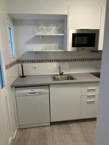 塞维利亚Ameyal Madre Rafols的白色的厨房配有水槽和微波炉