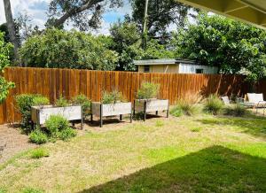 奥兰多GardenHouse @AudubonPark Sleeps 8的后院有三张长椅,上面有植物