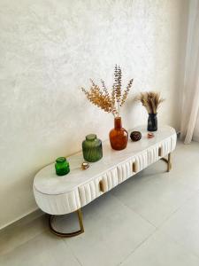 西迪拉哈尔Sidi Rahal的上面有花瓶和植物的桌子