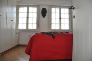 达默Vakantiehuis 't Verloren Schaap Damme的带红色桌子和2扇窗户的房间