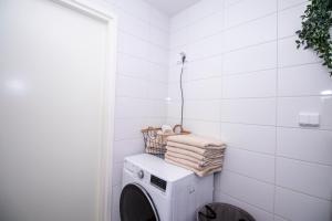 赫尔辛基Flexi Homes Itäkeskus的洗衣房配有洗衣机和毛巾