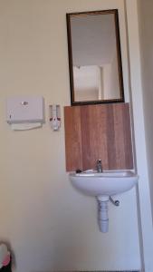 纳闽巴霍Homestay morelia的浴室设有水槽和墙上的镜子
