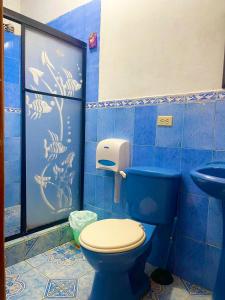 巴克里索莫雷诺港Hostal Vista al Mar的蓝色的浴室设有卫生间和水槽