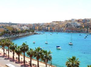 马尔萨斯卡拉Maisonette filled with Maltese charm in the south of Malta的一大片水,有船和棕榈树