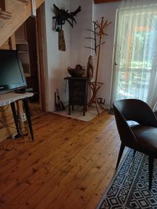 Domek w Gorcach的客厅铺有木地板,配有电视。