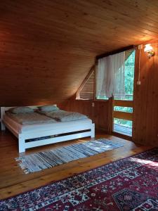 Domek w Gorcach的一间位于小屋内的卧室,配有一张床和一个窗户