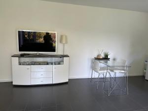 帕绍Homequartier Passau的客厅配有电视和桌椅