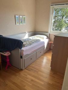 弗莱克菲尤尔Holiday home with seaview in Flekkefjord的窗户客房内的小床