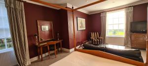 切斯特Rowton Hall Hotel and Spa的一间卧室设有一张床、一台电视和一个窗口。