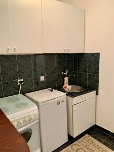 普查尼Sanja apartment的小厨房配有白色橱柜和水槽