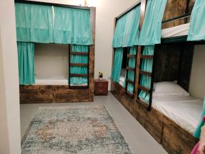 阿布扎比The Villa Hostel Abu Dhabi的卧室配有两张双层床和地毯。