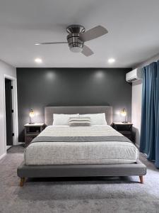 马吉谷Veda Inn & Cottages的一间卧室配有一张床和吊扇