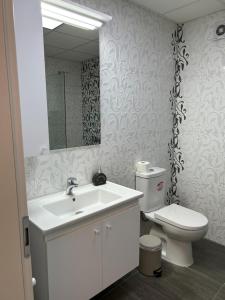 斯特鲁米察Sandras Apartment的浴室配有白色水槽和卫生间。