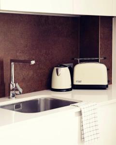 赫罗纳THE RIVERSIDE LODGE Cozy and spacious apartment的厨房配有水槽和2个烤面包机,位于柜台上