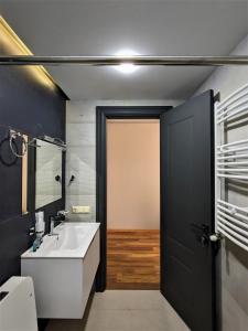卡兹贝吉Milky Way的浴室设有白色水槽和黑色门。