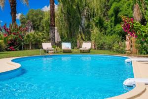 阿尔戈斯托利翁Gaia Residences with lush garden and pool的一个带两把椅子的大型游泳池