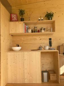 Cabana auf dem Biohof Hornen的厨房设有木墙、架子和柜台。