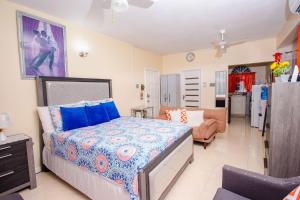 欧丘里欧Ocho Rios Ocean View Sleeps1-2的一间卧室设有一张床和一间客厅。