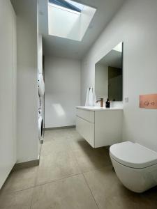 斯瓦讷克Nybygget hus i Svaneke tæt på klipper, skov og hav的浴室设有白色的卫生间和镜子