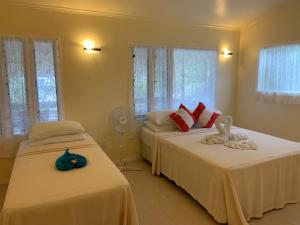 拉罗汤加Tia Maria Retreat的一间卧室设有两张床、风扇和窗户。