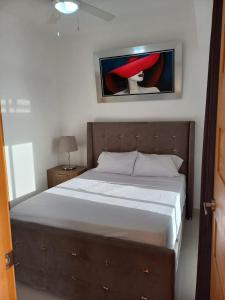 博卡奇卡Simply the most comfortable place next to Boca Chica beach的卧室配有一张床,墙上挂有绘画作品