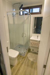 皮奇勒姆Lafk Lodge的带淋浴、卫生间和盥洗盆的浴室