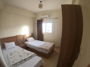 阿莱曼Remas resort的酒店客房设有两张床和窗户。