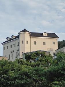 春川The Castle Stay的黑色屋顶的白色大建筑