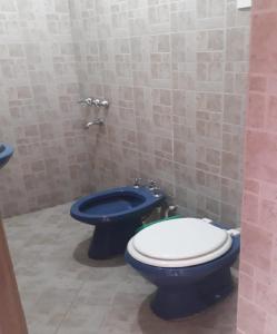 乌玛瓦卡Hostal El Farolito的浴室设有蓝色卫生间和蓝色坐浴盆。