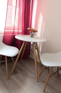 罗兹HOLA Apartamenty Narutowicza的一张桌子,两把椅子,花瓶上放着鲜花