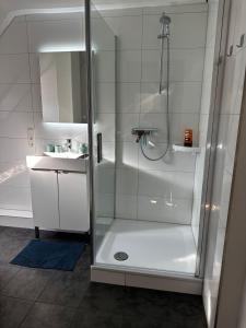 杜伊斯堡A&V Apartments Gemütliche Rheinblick Wohnung的带淋浴和盥洗盆的浴室
