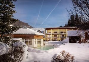 茵特斯托德波普哥特奇妙酒店的一座在雪中设有游泳池的建筑