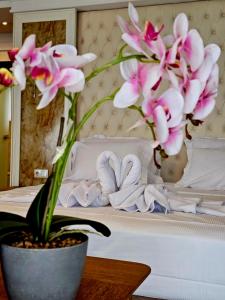 哈斯科沃Hotel Bohemi的一张桌子上盆子上带粉红色花的床