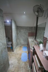 爱妮岛Bangka Hostels的一间带卫生间、水槽和镜子的浴室