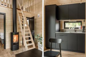 萨伦Mysig liten stuga perfekt för par eller liten familj的一间小房子,厨房里设有燃木炉
