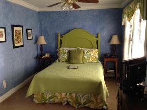 沃思湖芒果住宿加早餐旅馆的一间卧室设有绿色的床和蓝色的墙壁