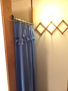 洋滨市Chris by the Sea Motel的蓝色窗帘杆的淋浴间