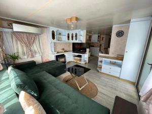 瓦莱德拉加努鲁伊Riverside Caravan的一间带绿色沙发的客厅和一间厨房