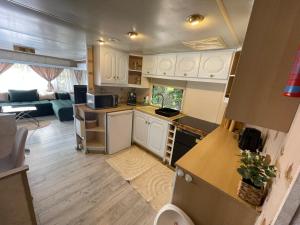 瓦莱德拉加努鲁伊Riverside Caravan的一间带白色橱柜的厨房和一间客厅
