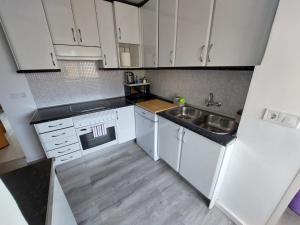 马德里Alia的小厨房配有白色橱柜和水槽