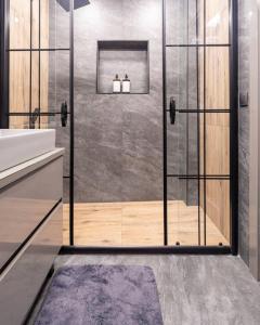 伊斯坦布尔Luxury apartment in the heart of Nisantasi的浴室里设有玻璃门淋浴