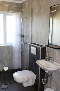 雷克霍特Grímsstaðir holiday home - Family friendly的一间带水槽、卫生间和镜子的浴室