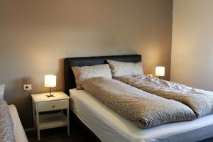 雷克霍特Grímsstaðir holiday home - Family friendly的一间卧室配有一张带两盏灯的床。