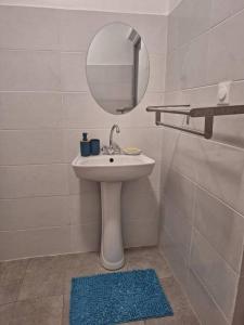 SinnamaryLa Bell'appart Ibis rouge的浴室设有水槽、镜子和蓝色地毯。