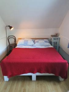 Stará VodaPenzión Eva的一间卧室配有一张红色大床和两个枕头