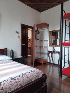 马尼萨莱斯Hostal Mirador Andino的一间卧室设有一张床和一个书架