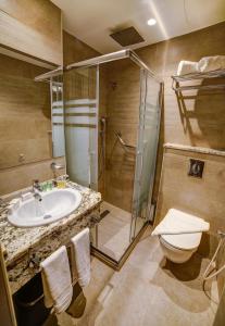 亚喀巴De-Lara hotel的一间带水槽、淋浴和卫生间的浴室