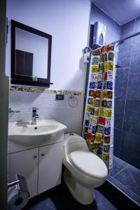 万卡约Casa de Juli的浴室设有卫生间、水槽和淋浴帘