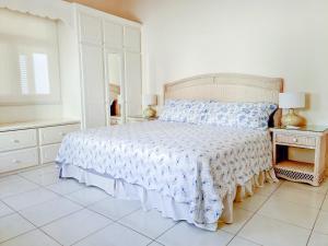 基督教堂市Beautiful Seaside 2BR Apartments的一间卧室配有一张带蓝色和白色床单的床。