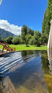 Puerto DunnHuella Patagonia Lodge的一个带桌子和树木的水池